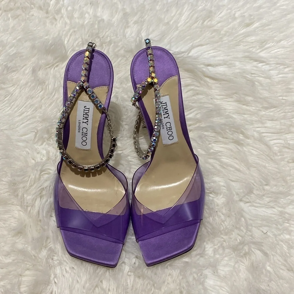 Jimmy Choo Saeda 100 Crystal embellished PVC & satin‎ sandals size 38EU